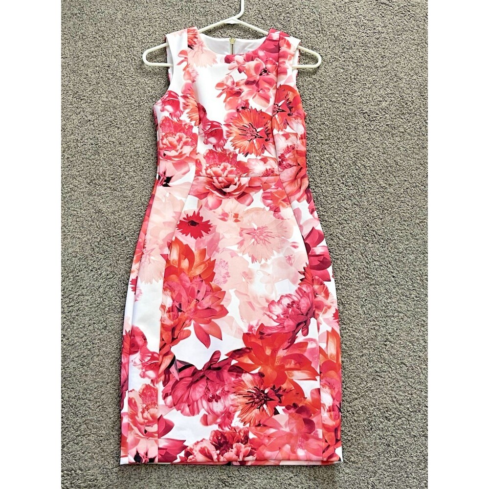 Calvin Klein Scuba Sheath Sleeveless Dress Fuschia Flowers - Pink / White Size 6